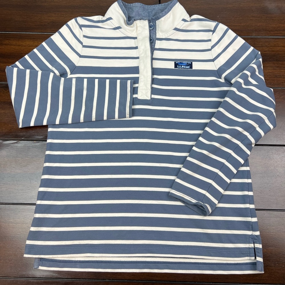 LL Bean Pullover Stripe Sweatshirt Men Size Medium Henley White Blue Long Sleeve
